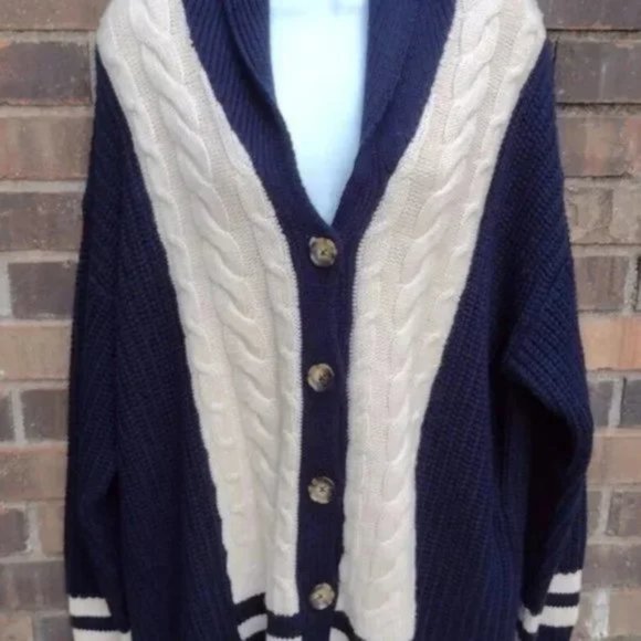 La Ligne XL Merino Wool Cable Knit Cardigan Shawl Collar Navy Cream NWOT - Picture 4 of 8
